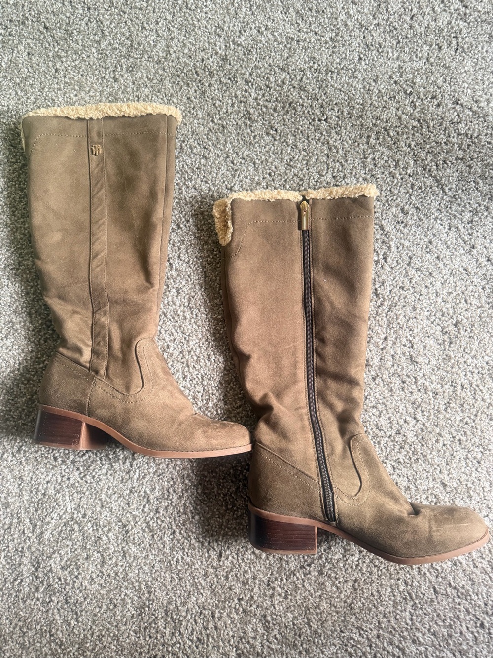Tommy Hilfiger Olive Suede Over-the-Knee Boots with Shearling Cuff